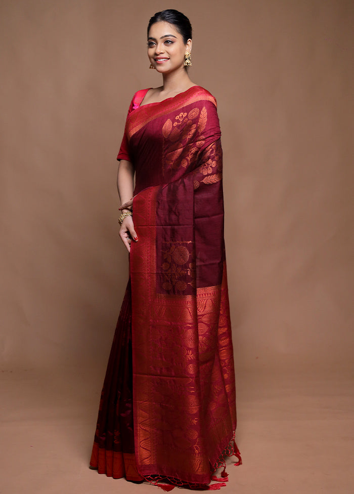 Maroon Dupion Silk Saree With Blouse Piece