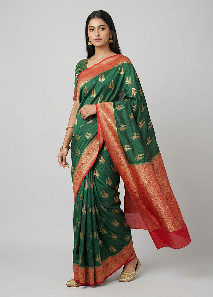 Green Dupion Silk Saree With Blouse Piece
