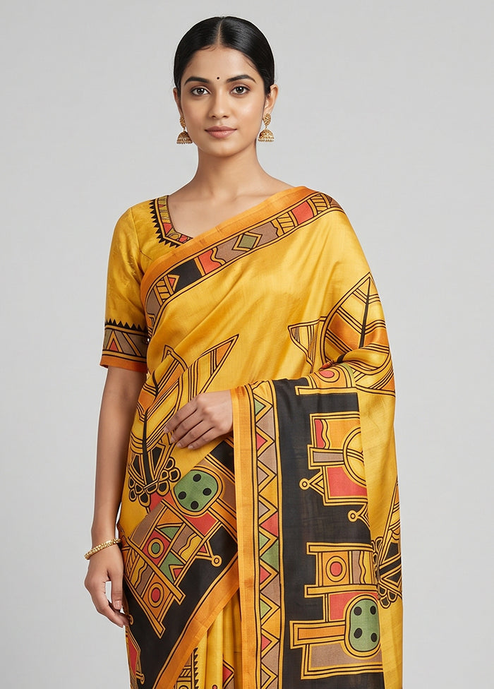 Yellow Printed Pure Silk Saree Without Blouse Piece