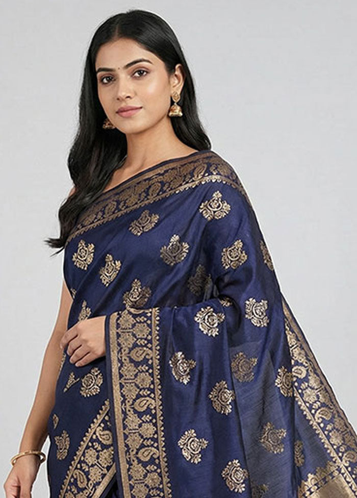 Blue Dupion Silk Saree With Blouse Piece