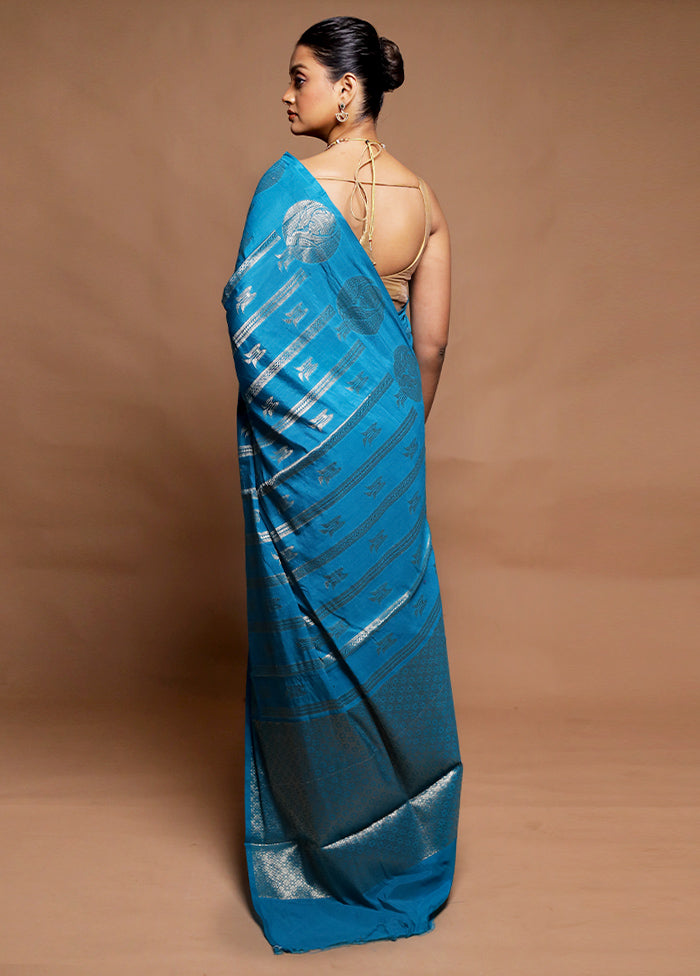 Blue Dupion Silk Saree With Blouse Piece