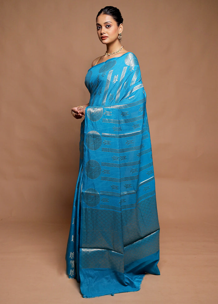 Blue Dupion Silk Saree With Blouse Piece