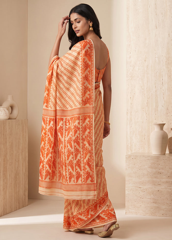Cream Jamdani Cotton Saree Without Blouse Piece