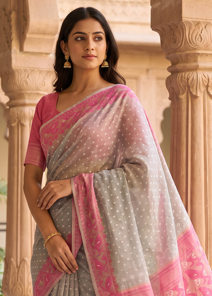Pink Jamdani Cotton Saree Without Blouse Piece
