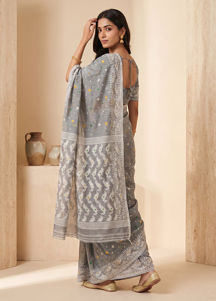 Grey Jamdani Cotton Saree Without Blouse Piece