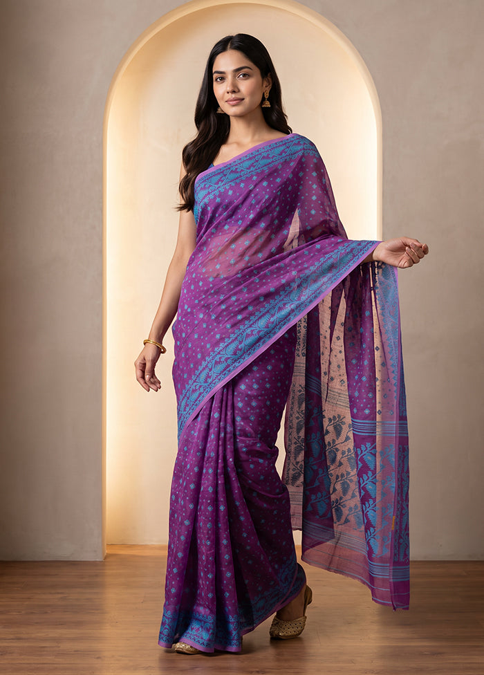 Purple Jamdani Cotton Saree Without Blouse Piece