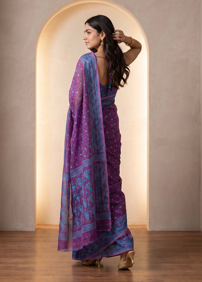 Purple Jamdani Cotton Saree Without Blouse Piece