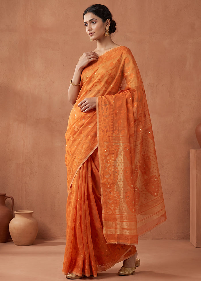 Peach Jamdani Cotton Saree Without Blouse Piece
