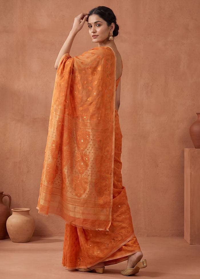 Peach Jamdani Cotton Saree Without Blouse Piece