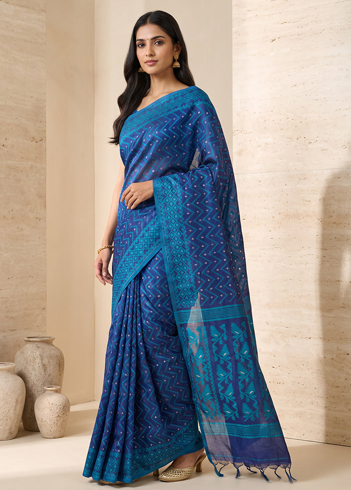 Blue Jamdani Cotton Saree Without Blouse Piece