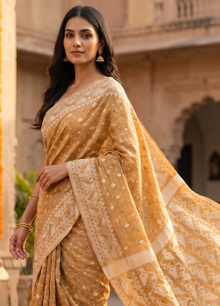 Peach Jamdani Cotton Saree Without Blouse Piece