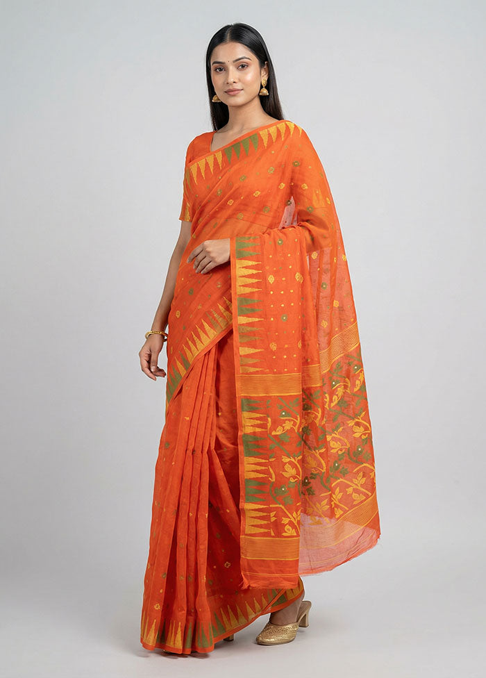 Rust Jamdani Cotton Saree Without Blouse Piece