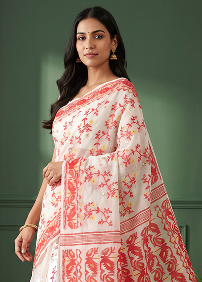 White Jamdani Cotton Saree Without Blouse Piece