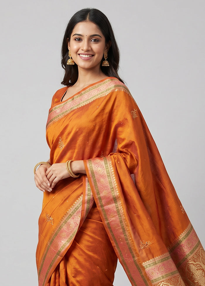 Rust Dupion Silk Saree With Blouse Piece