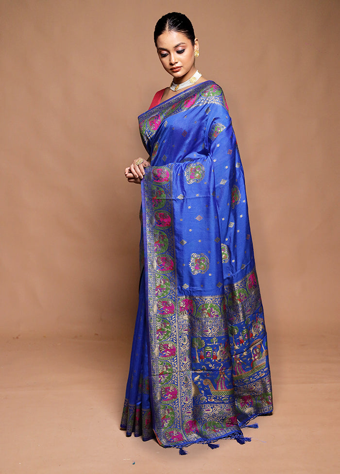 Blue Dupion Silk Saree With Blouse Piece