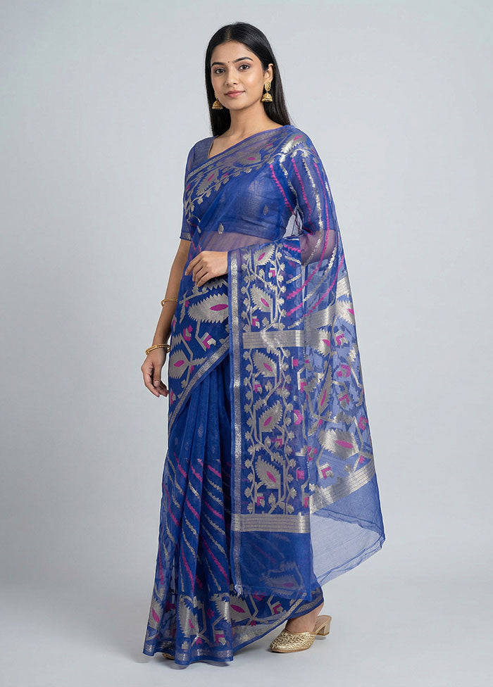 Blue Organza Saree With Blouse Piece
