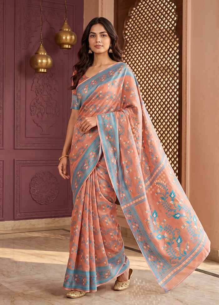 Peach Jamdani Cotton Saree Without Blouse Piece