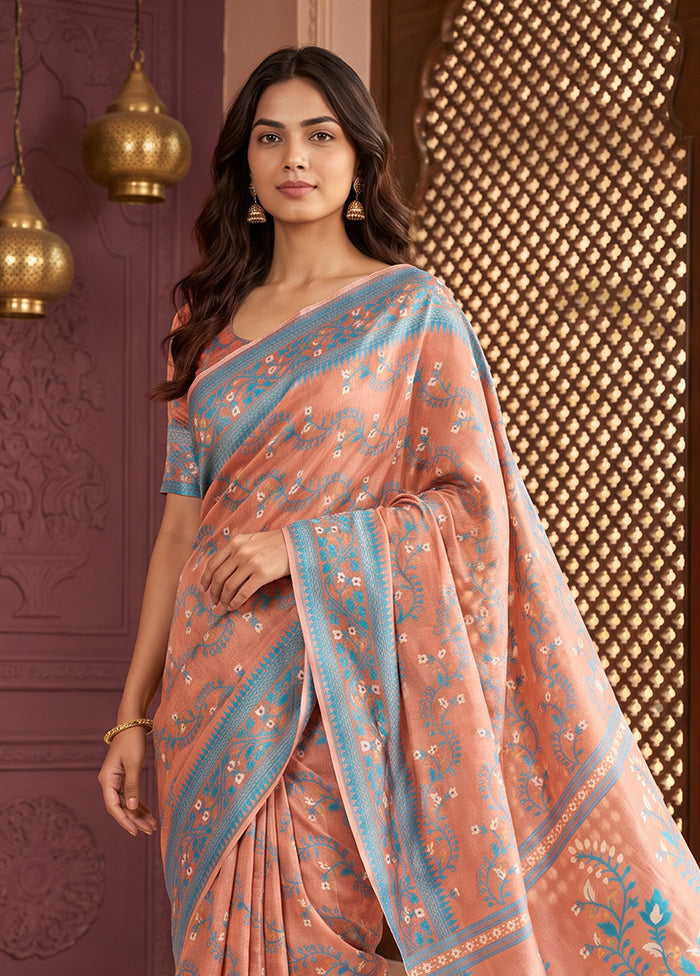 Peach Jamdani Cotton Saree Without Blouse Piece