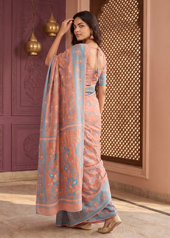 Peach Jamdani Cotton Saree Without Blouse Piece