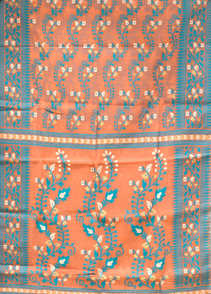 Peach Jamdani Cotton Saree Without Blouse Piece