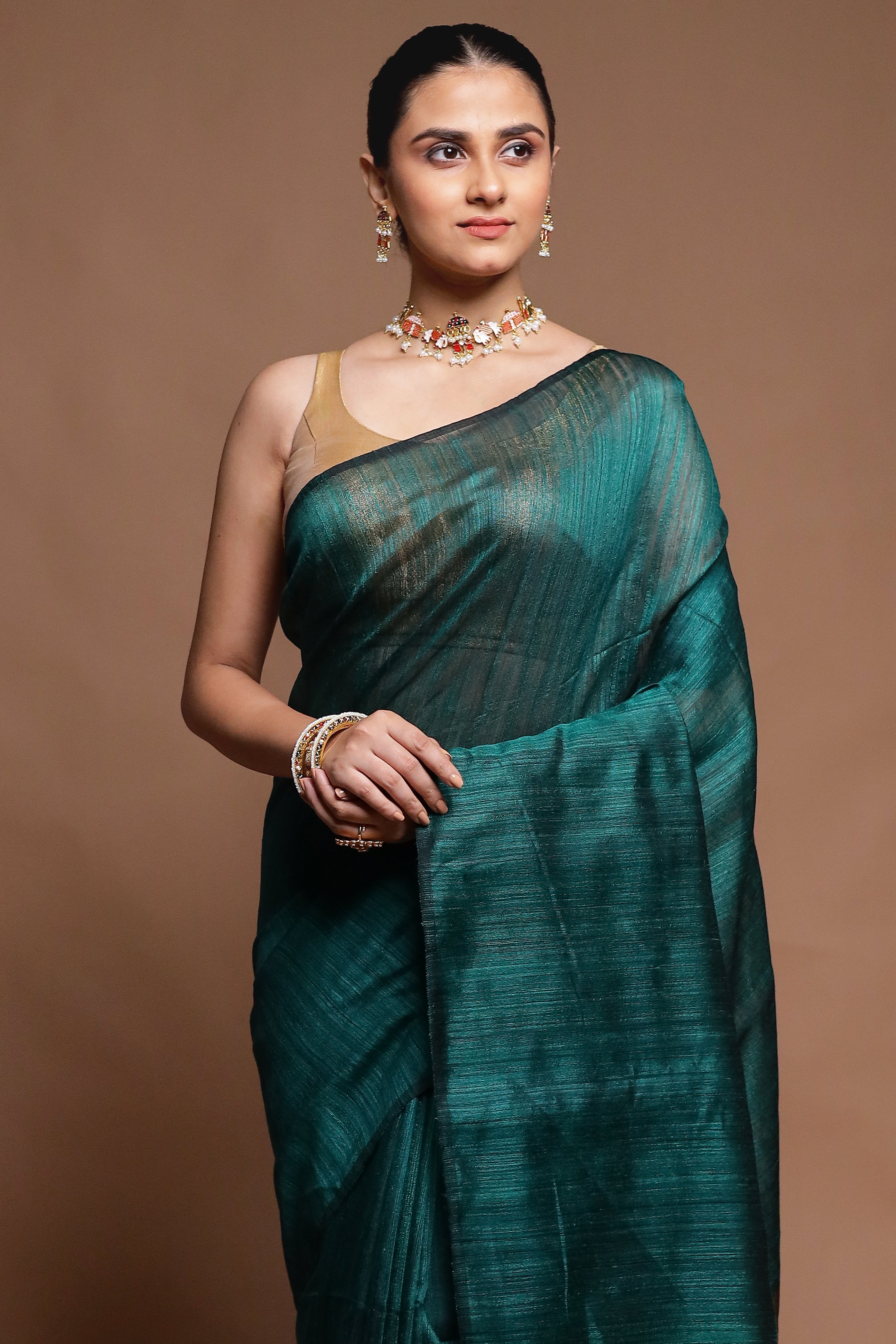Green Handloom Matka Pure Silk Saree With Blouse Piece