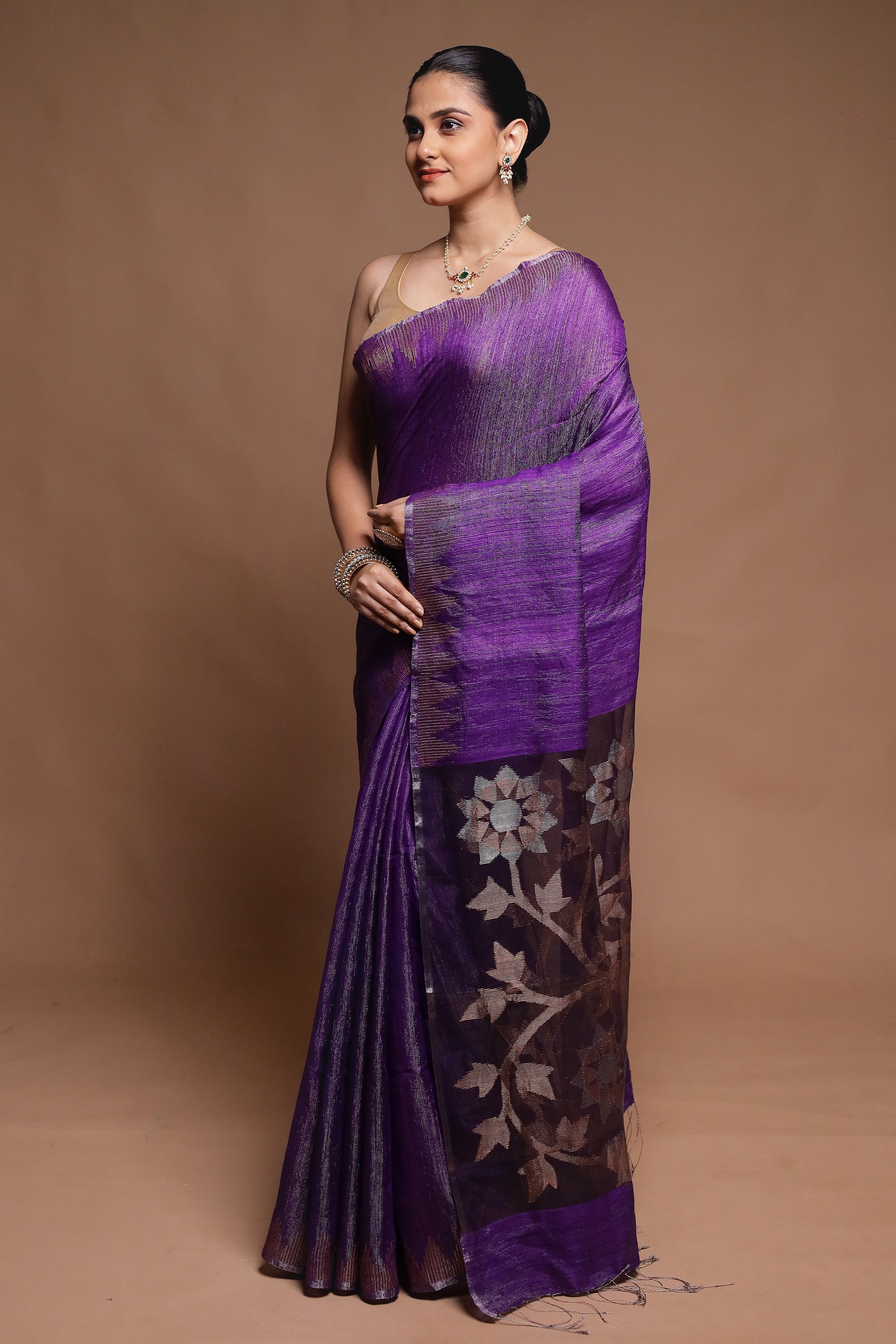 Purple Handloom Matka Pure Silk Saree With Blouse Piece