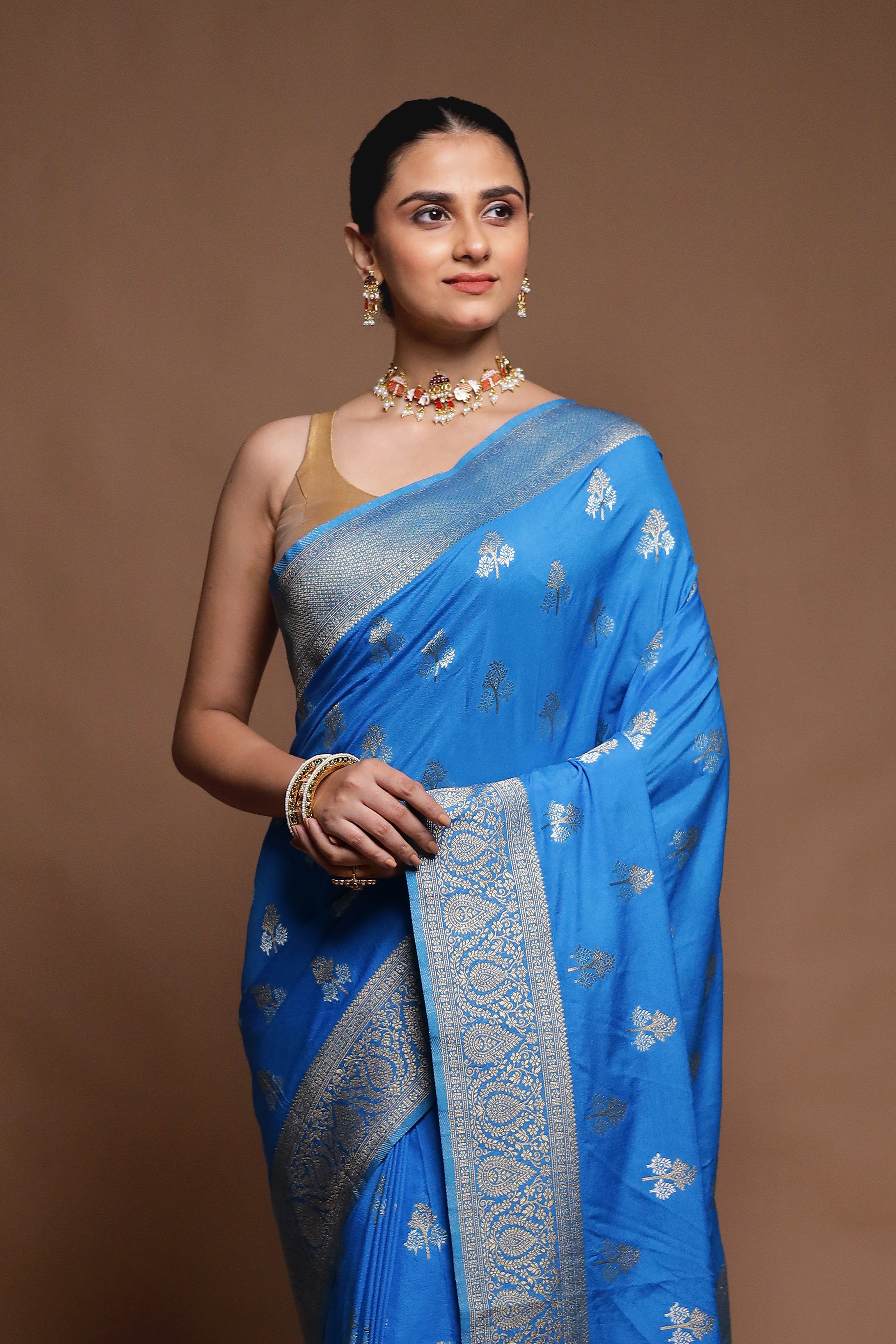 Blue Dupion Silk Saree With Blouse Piece