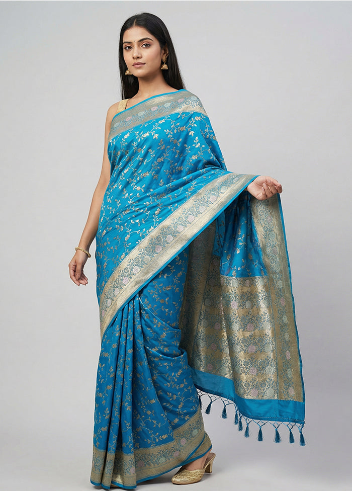 Blue Dupion Silk Saree With Blouse Piece