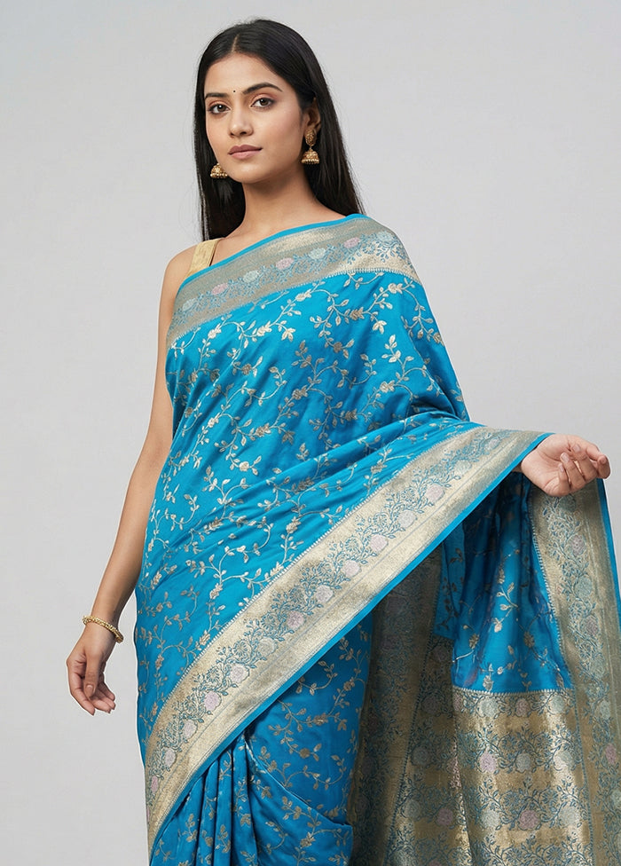 Blue Dupion Silk Saree With Blouse Piece
