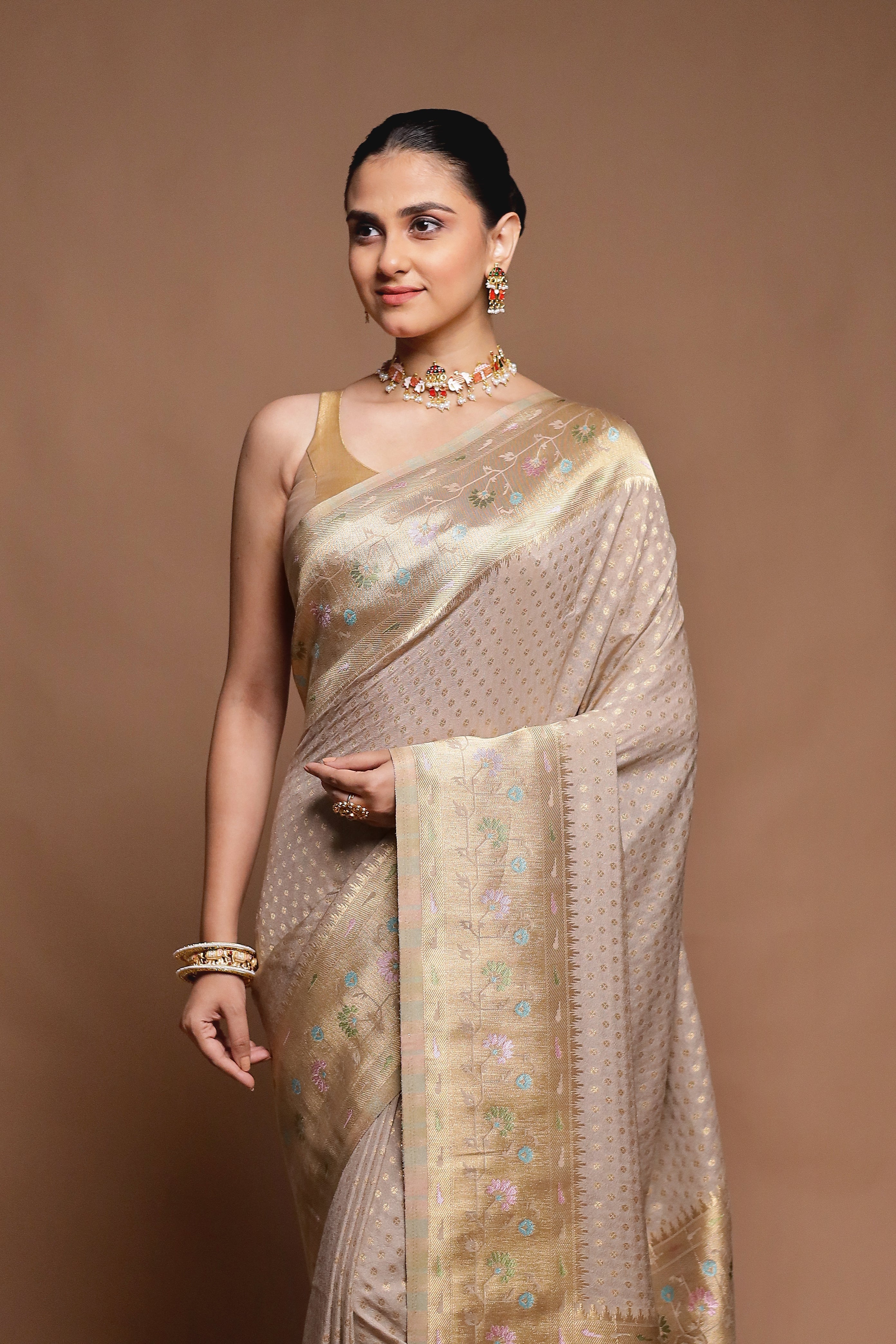Cream Dupion Silk Saree With Blouse Piece