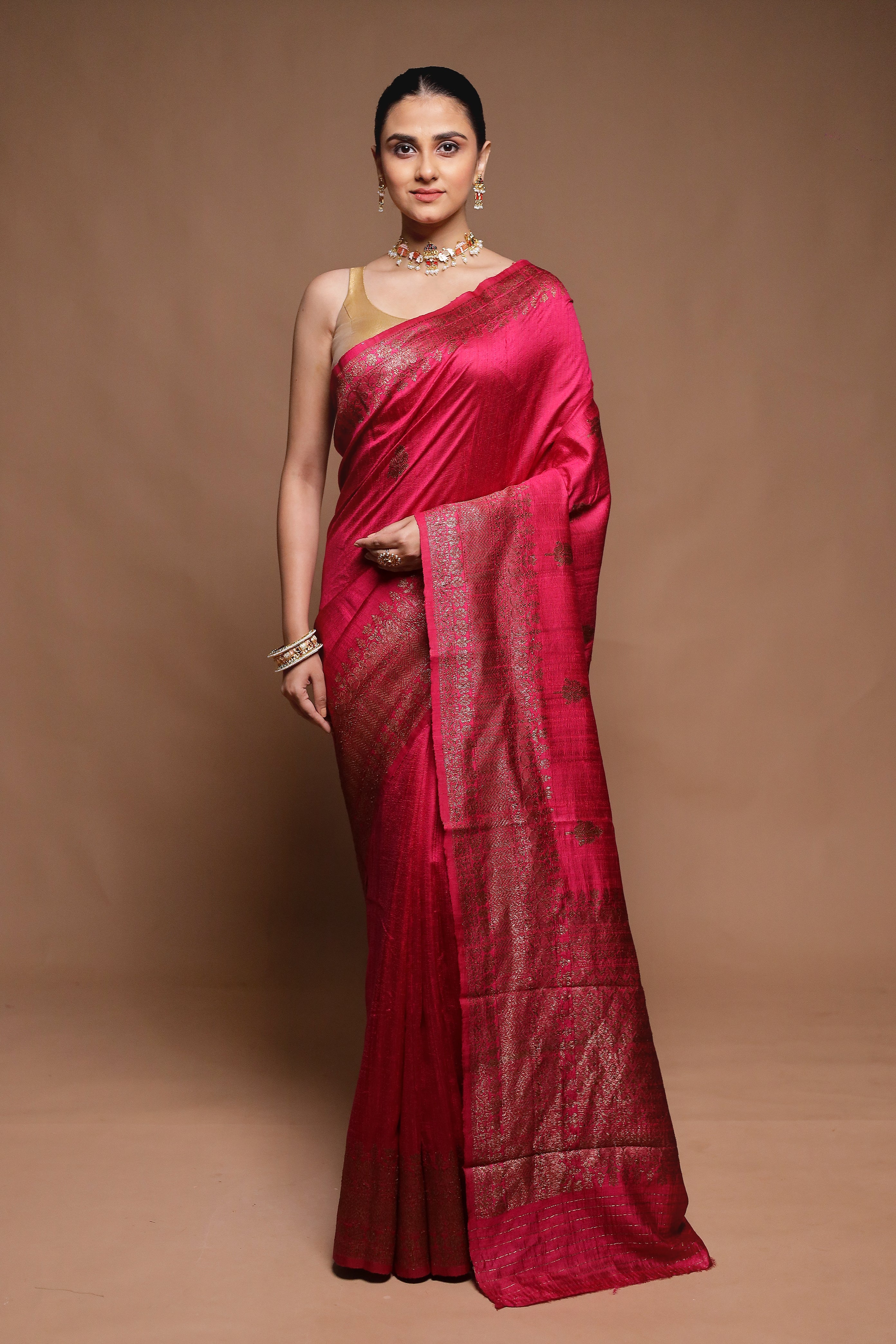 Pink Handloom Tussar Pure Silk Saree With Blouse Piece