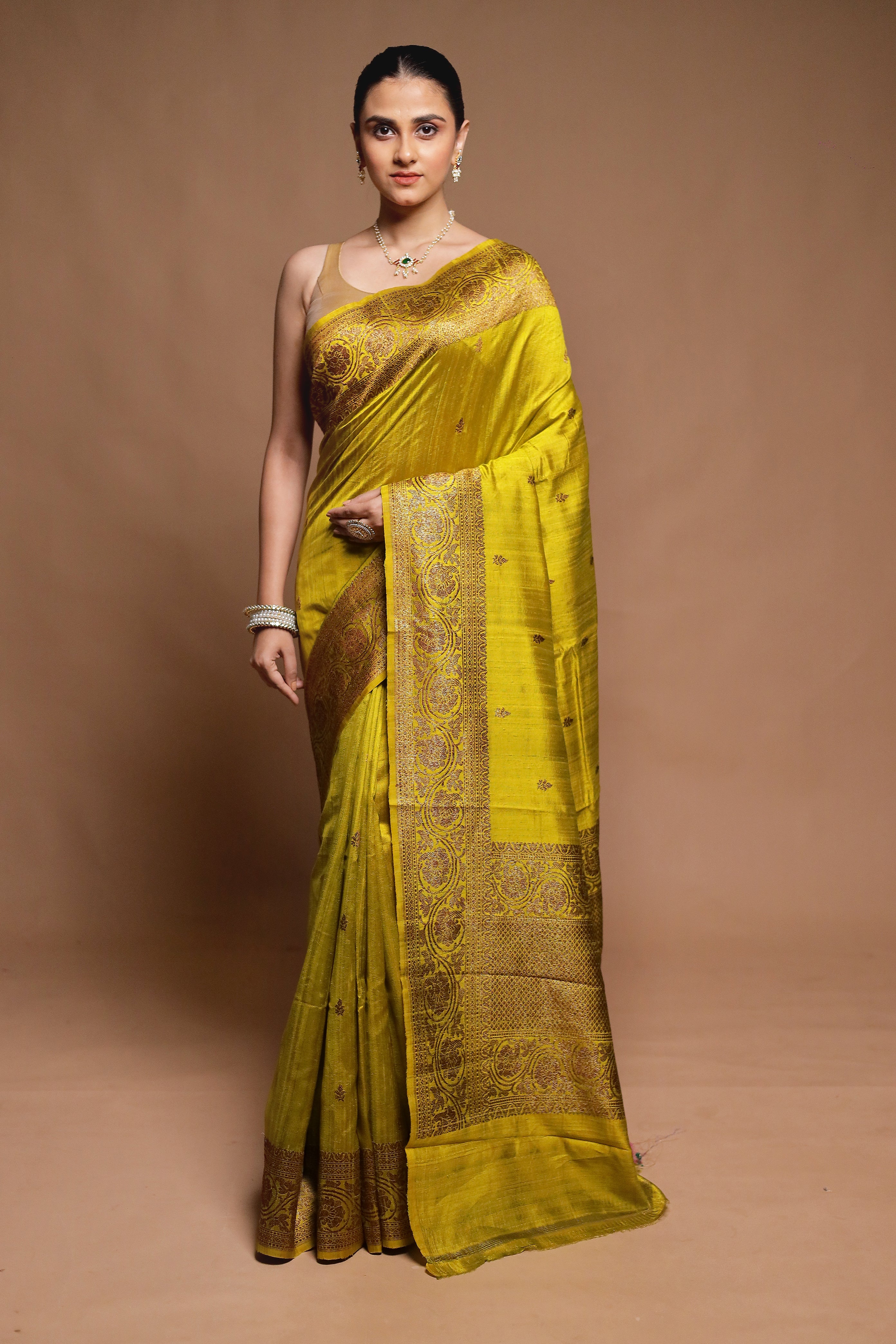 Yellow Handloom Tussar Pure Silk Saree With Blouse Piece