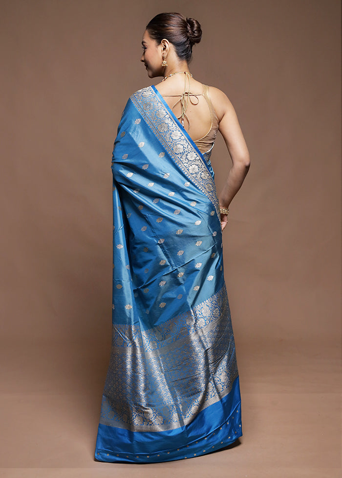 Blue Handloom Katan Pure Silk Saree With Blouse Piece