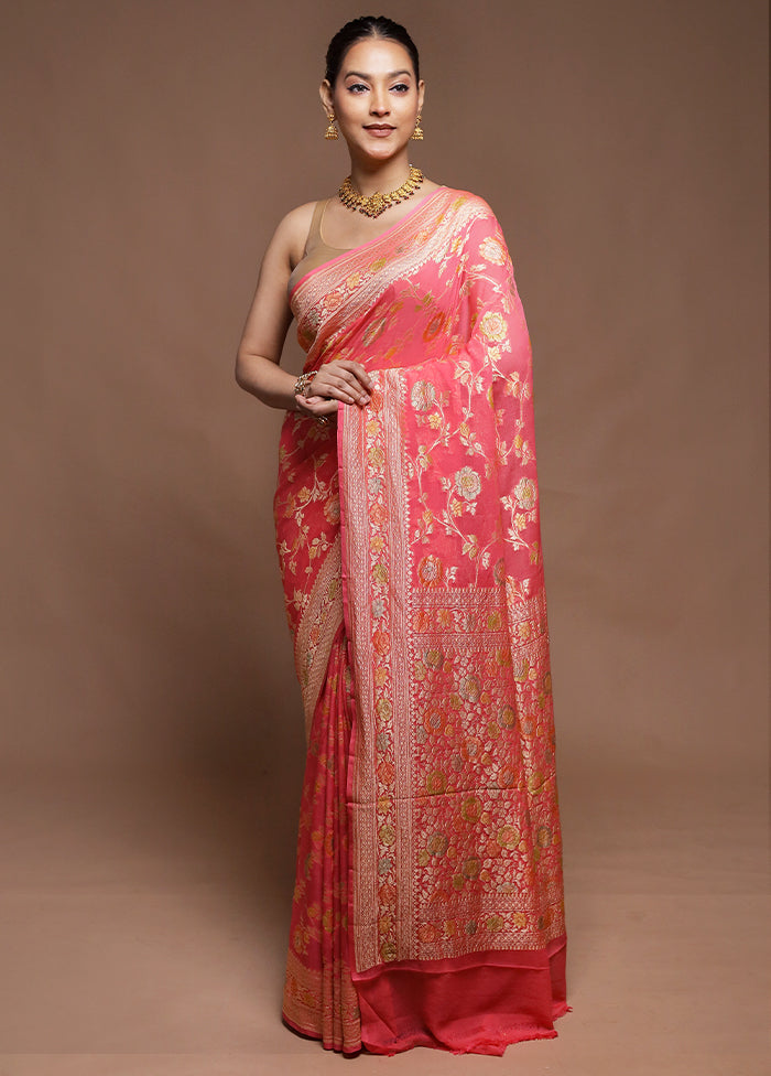 Pink Handloom Pure Georgette Saree With Blouse Piece