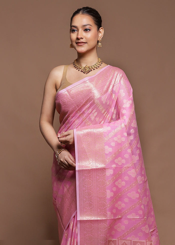 Pink Kora Silk Saree With Blouse Piece