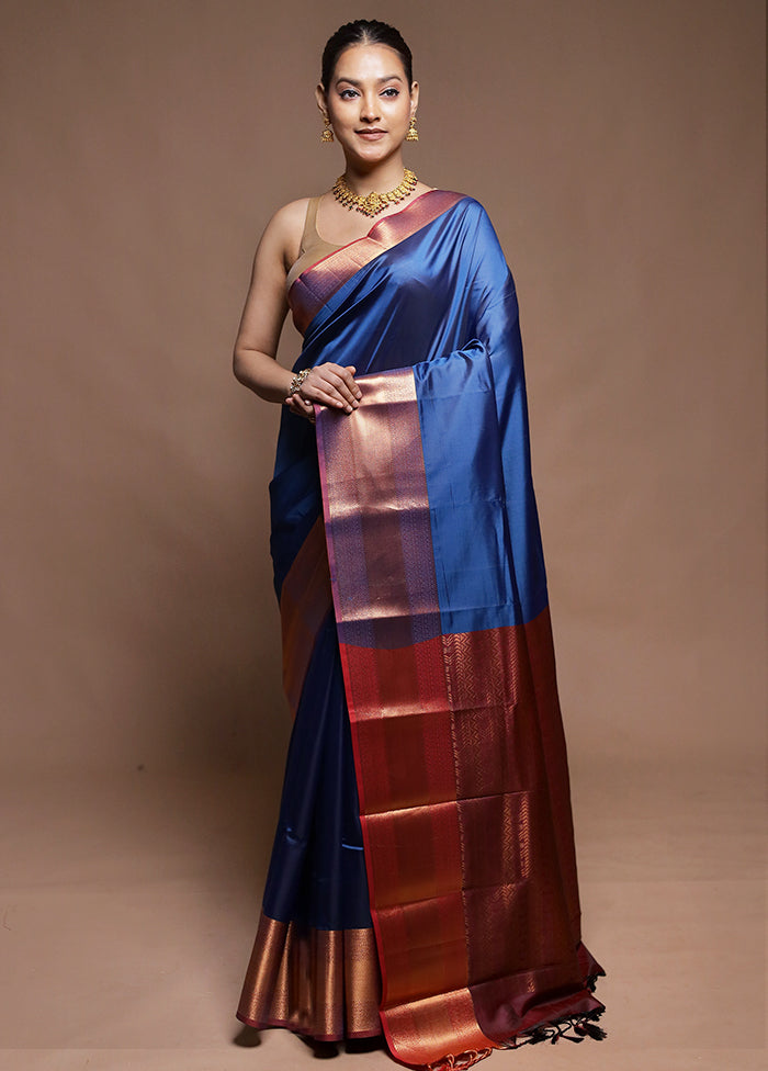 Blue Dupion Silk Saree With Blouse Piece