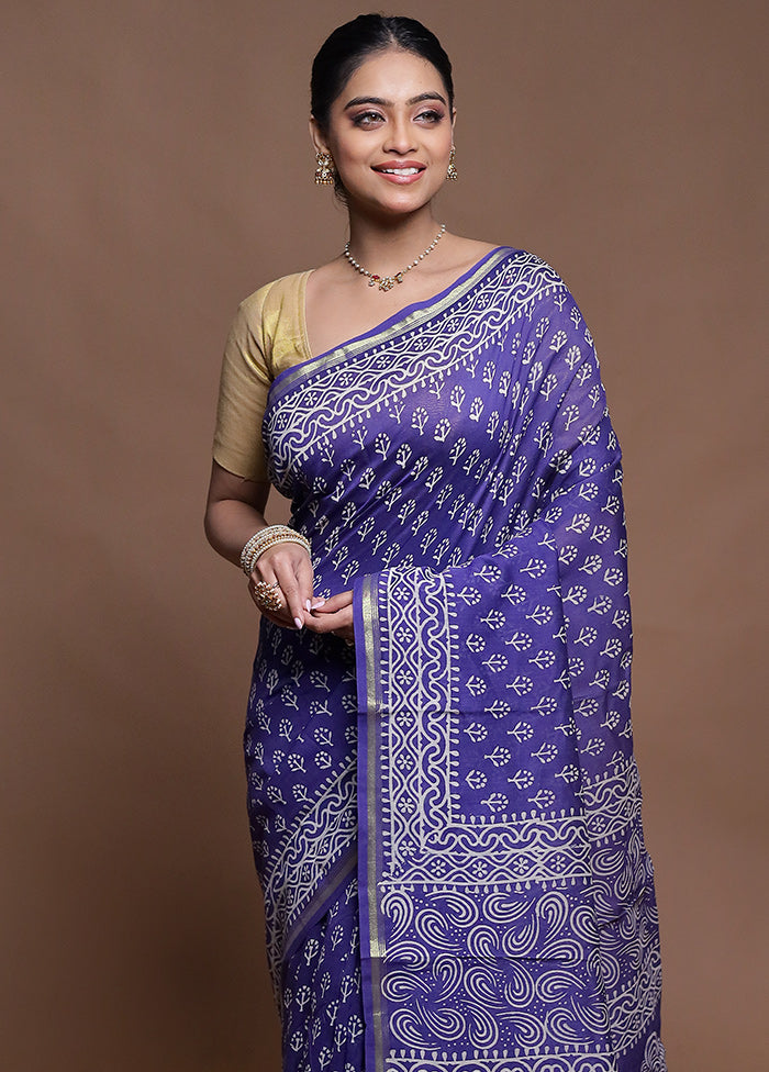 Blue Chanderi Cotton Saree With Blouse Piece