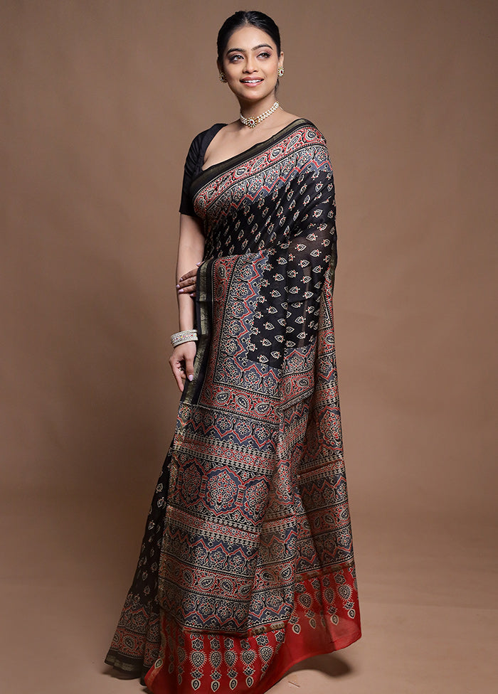 Black Chanderi Cotton Saree With Blouse Piece