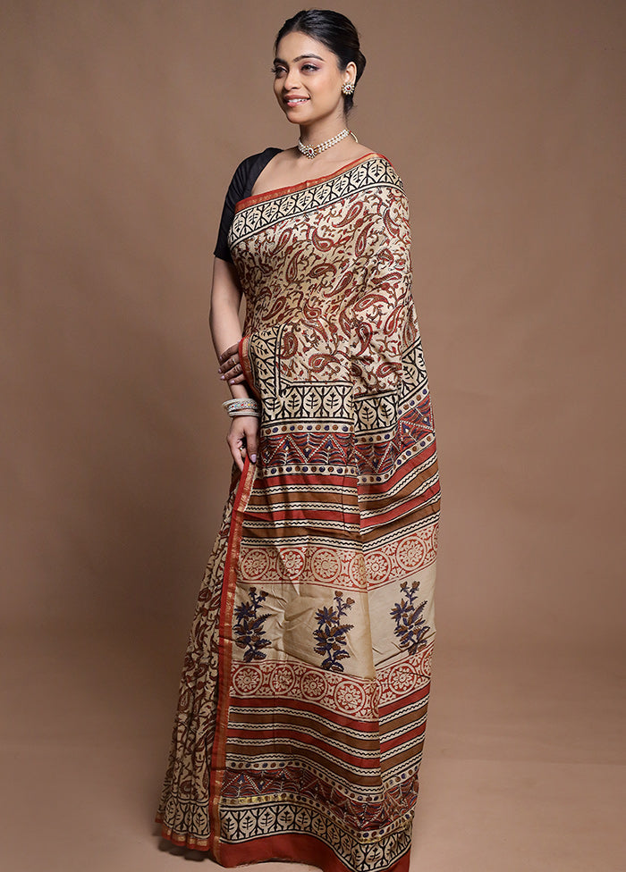 Cream Chanderi Cotton Saree With Blouse Piece
