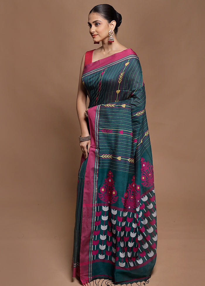 Green Pure Cotton Saree With Blouse Piece