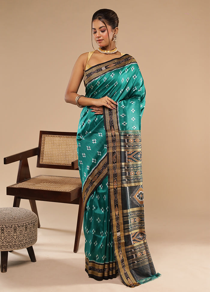 Green Handloom Ikkat Pure Silk Saree With Blouse Piece