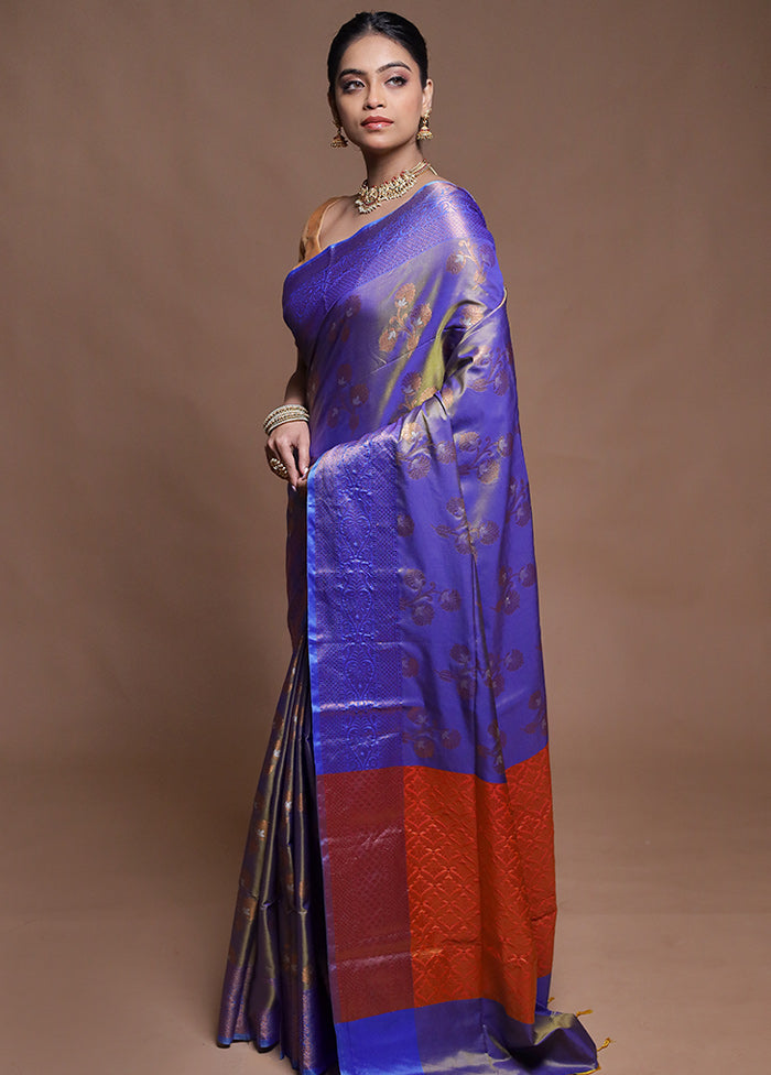 Blue Dupion Silk Saree With Blouse Piece