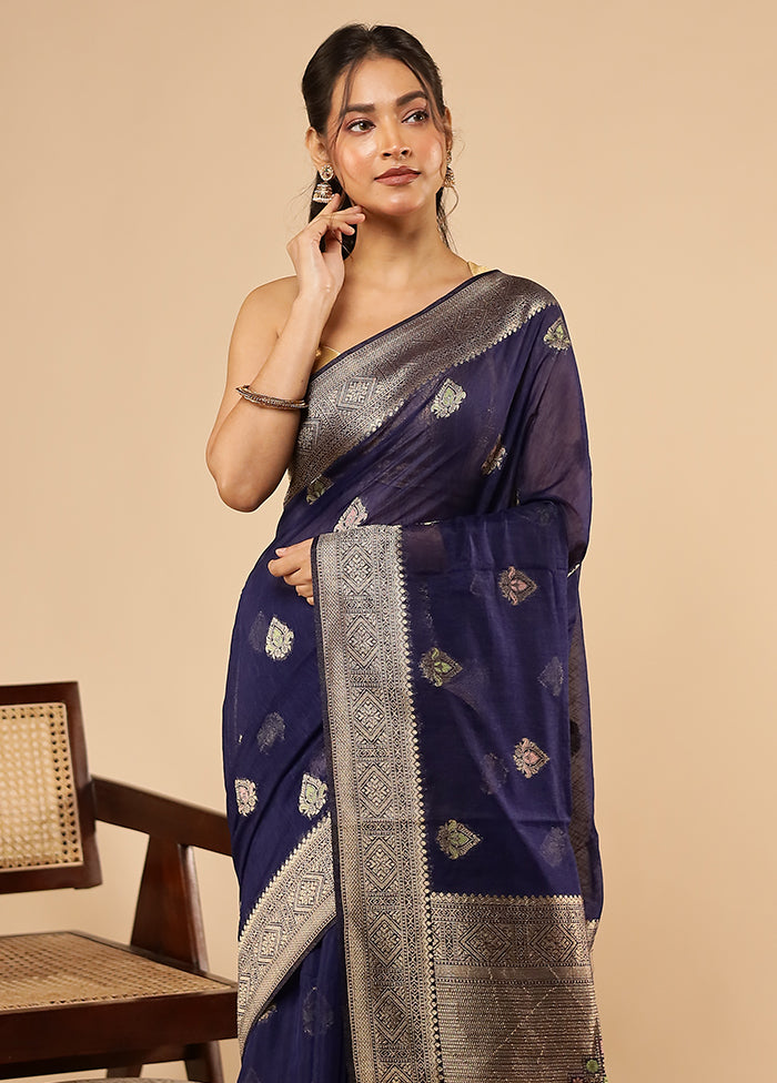 Blue Dupion Silk Saree With Blouse Piece