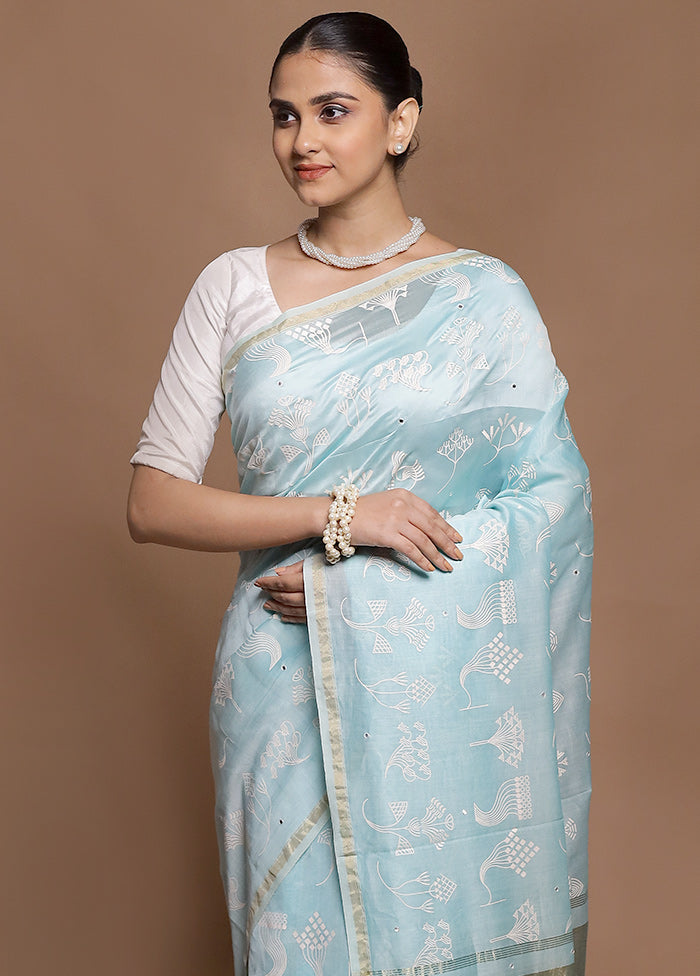 Blue Handloom Tussar Pure Silk Saree With Blouse Piece