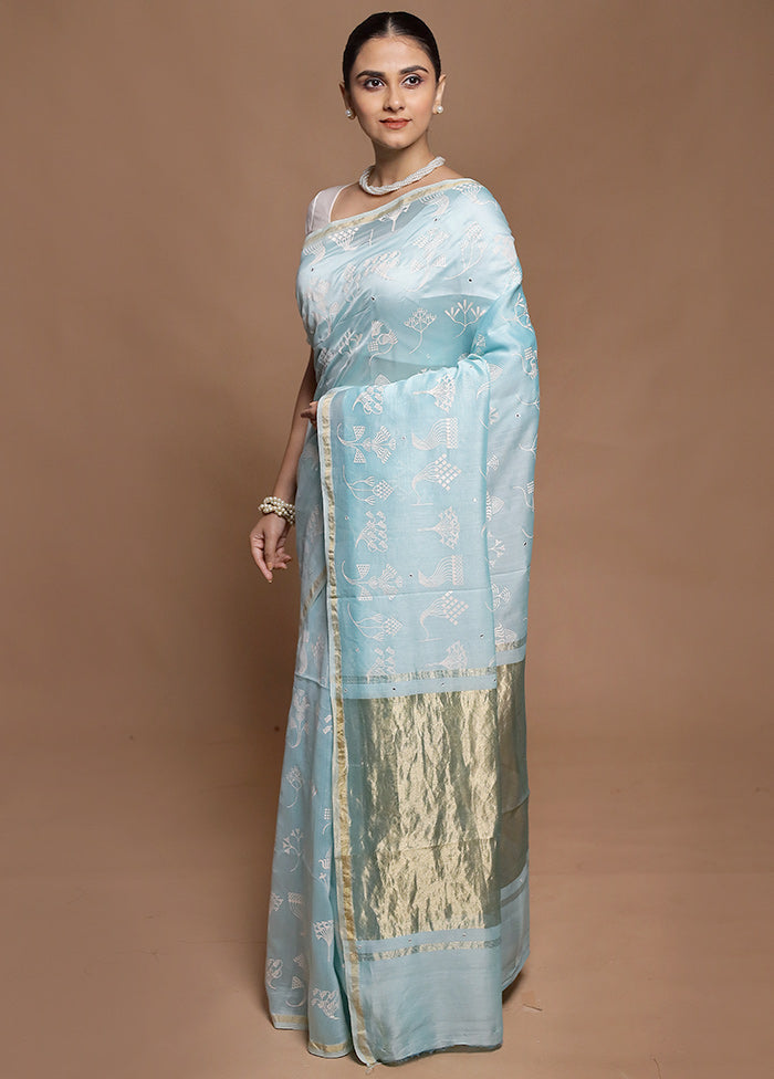 Blue Handloom Tussar Pure Silk Saree With Blouse Piece