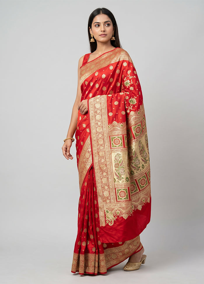 Red Handloom Banarasi Pure Silk Saree With Blouse Piece
