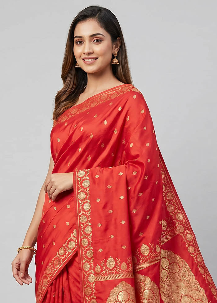 Red Banarasi Silk Saree With Blouse Piece