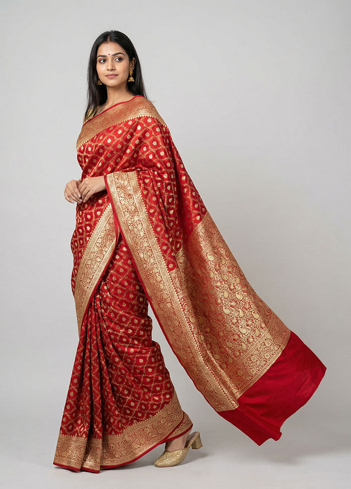 Maroon Handloom Banarasi Pure Silk Saree With Blouse Piece
