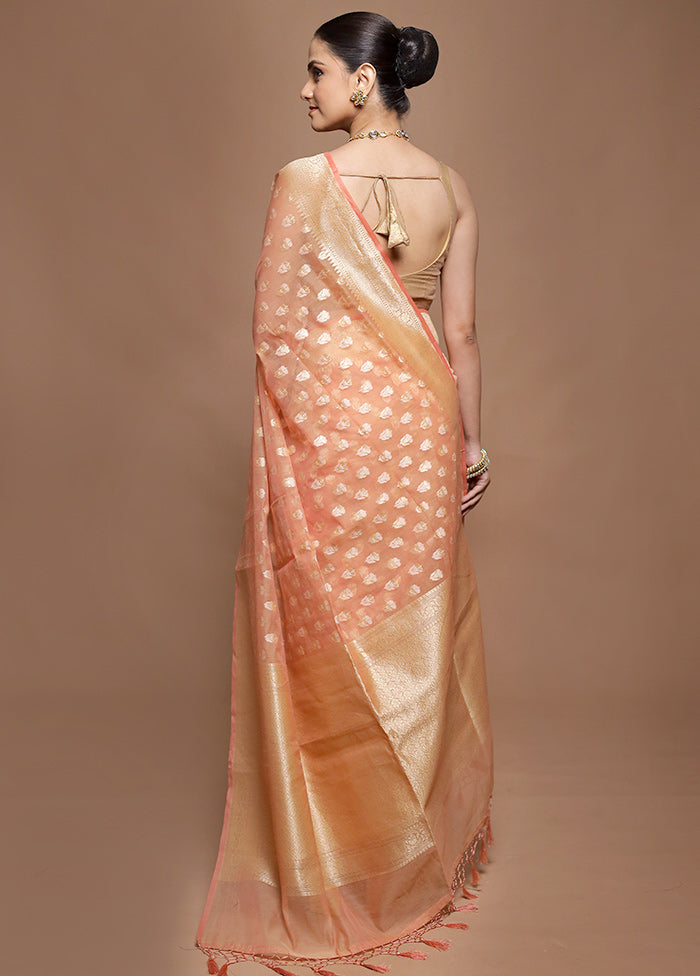 Peach Kora Silk Saree With Blouse Piece