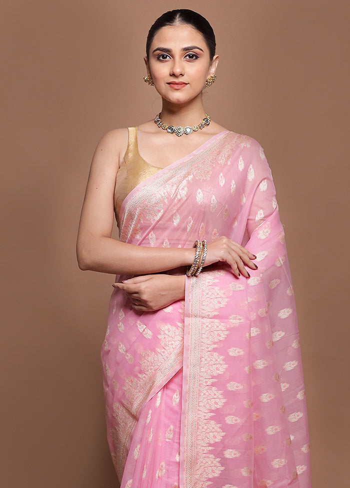 Pink Kora Silk Saree With Blouse Piece